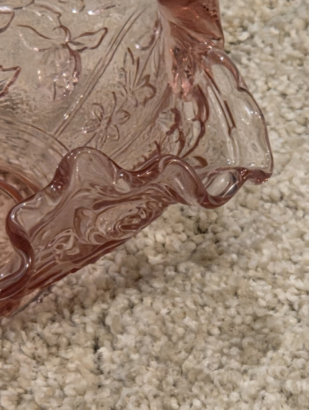 Fenton Dusty Rose Inverted Pink Glass Ruffled Basket with Handle - Picture 2 of 10